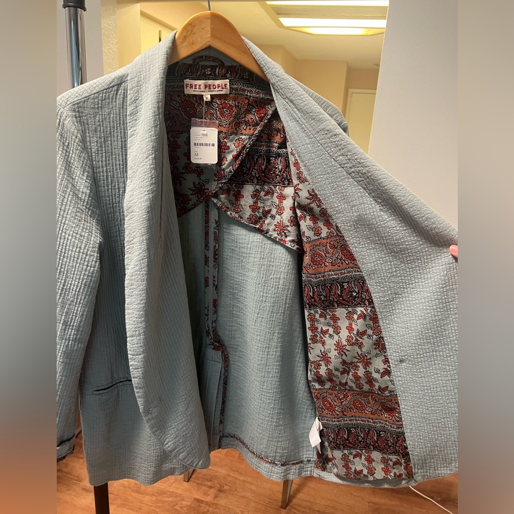 Free People Women's Textured Teal Blazer with Patterned Lining
